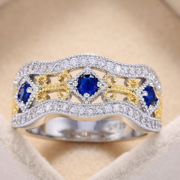 ✨ Eternity Royal Blue Flower Carving Vintage Rings for Women, PD247 - Picture 1 of 4